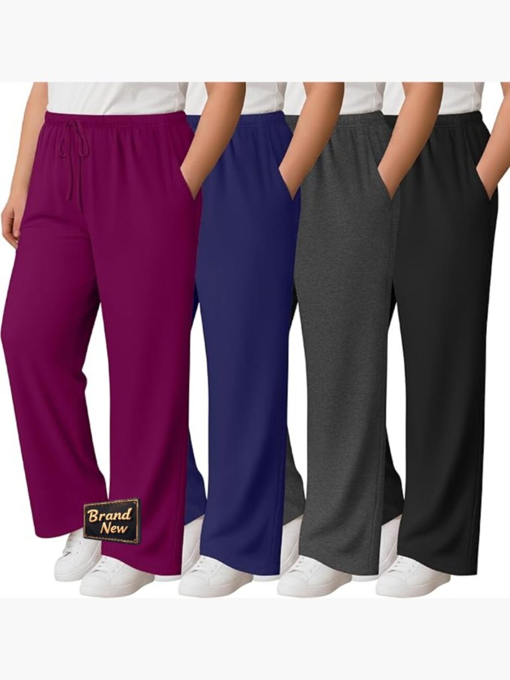 Plus Size Wide Leg Lounge Pants with Pockets - 4 Pack